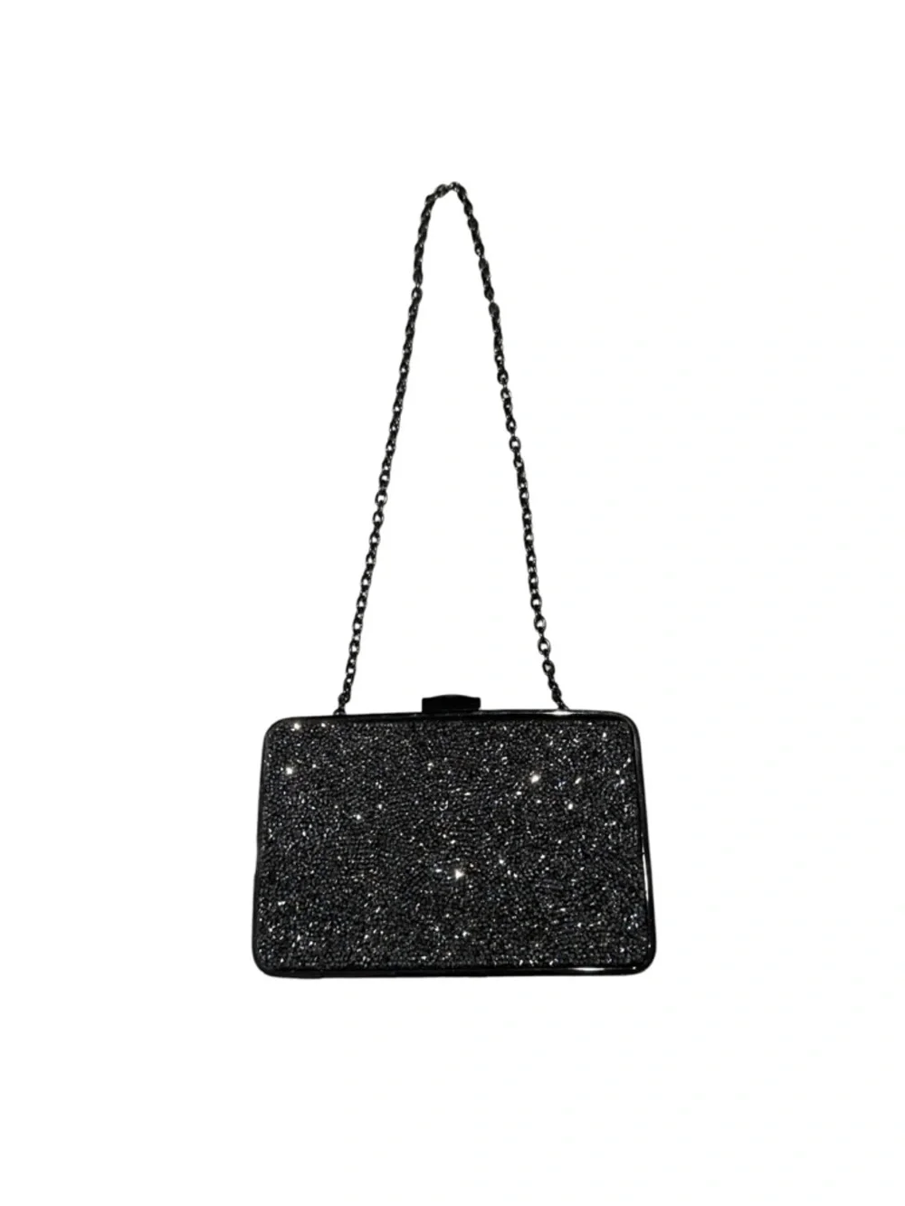 Sondra Roberts Black Glitter Rhinestone Top Lock Chain-Handle Evening Clutch